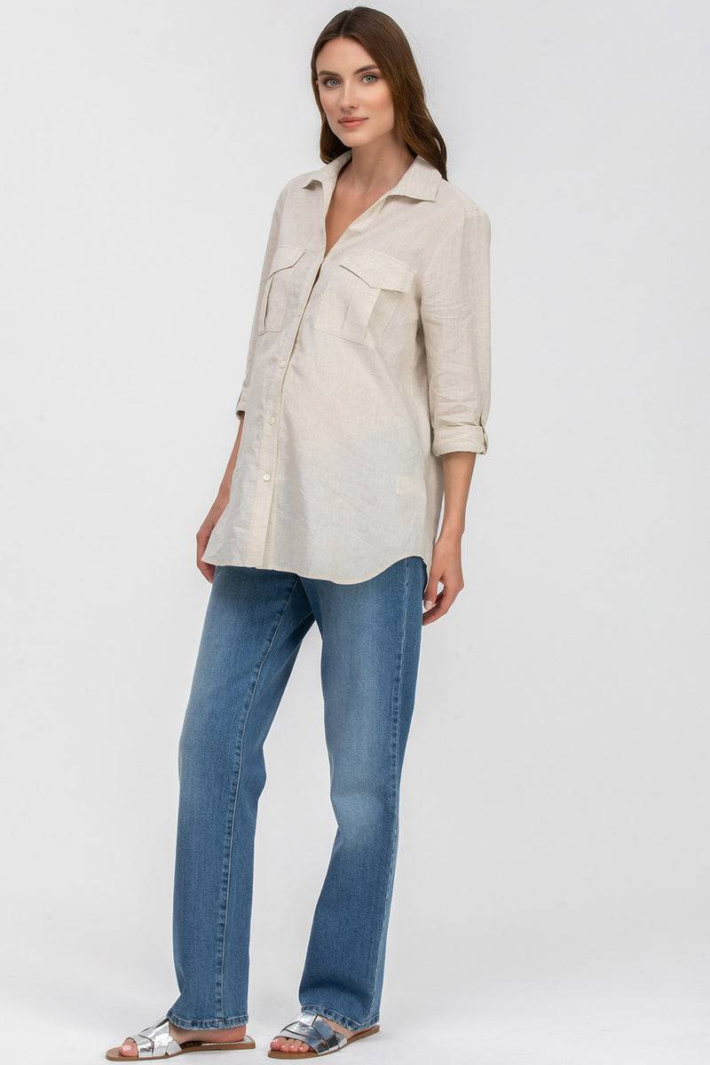 Pietro Brunelli SAFARI POCKET | Camicia Utility Premaman in Lino Beige Spedizione Gratuita