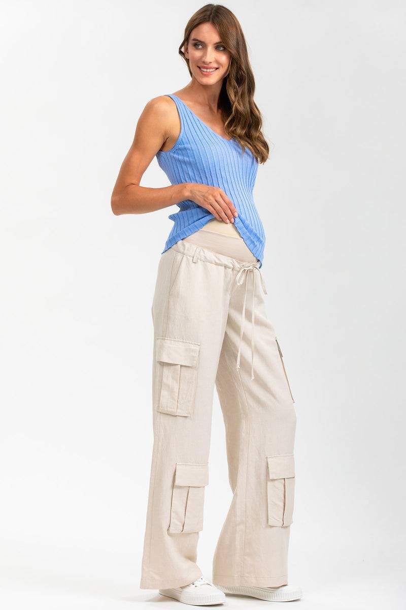 Pietro Brunelli GEORGE | Pantaloni Premaman Stile Cargo in Lino Beige Negozio