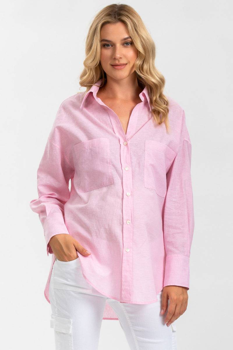 Pietro Brunelli SOPHIA POCKET | Camicia Premaman Oversize con Tasche Frontali in Lino Rosa