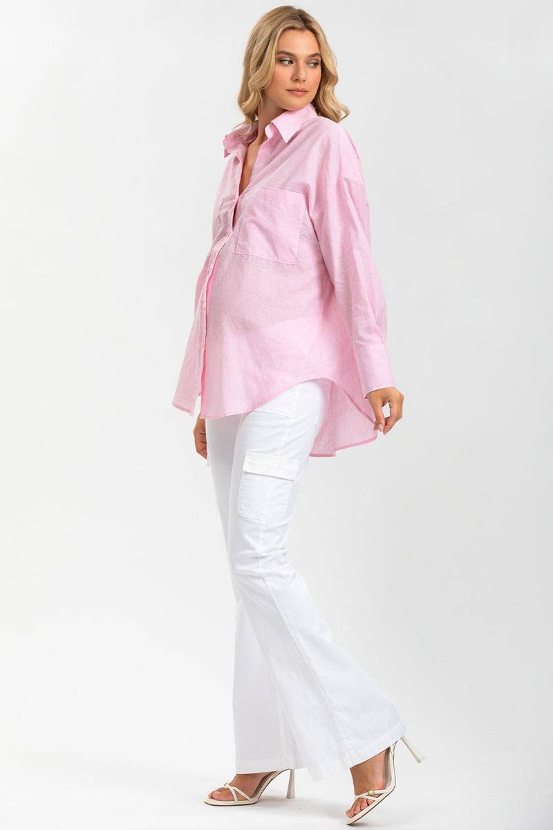 Pietro Brunelli SOPHIA POCKET | Camicia Premaman Oversize con Tasche Frontali in Lino Rosa Italia
