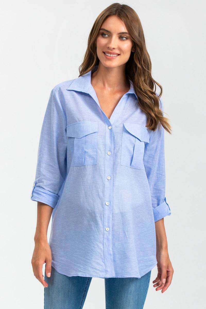 Pietro Brunelli SAFARI POCKET | Camicia Utility Premaman in Lino Blu