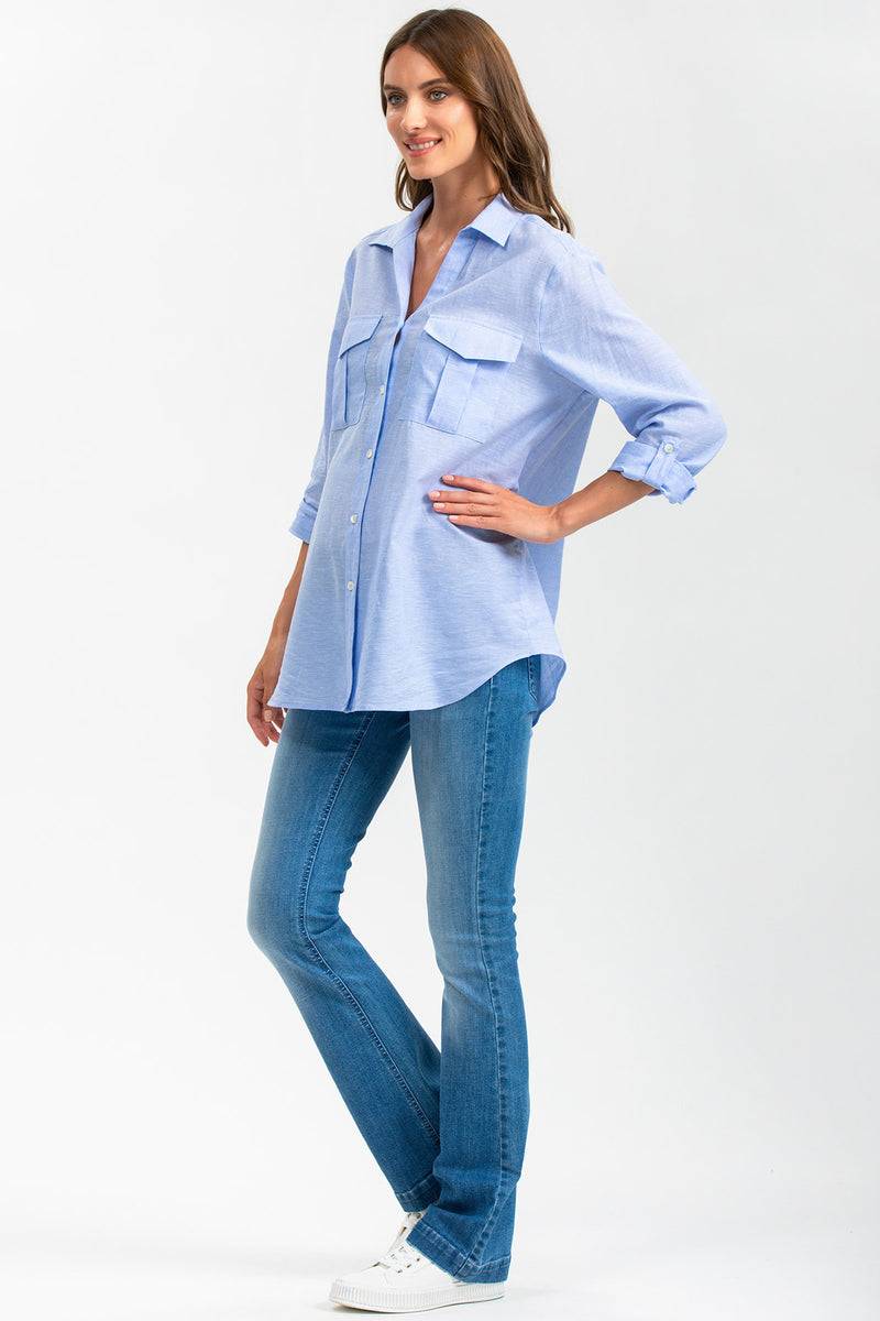 Pietro Brunelli SAFARI POCKET | Camicia Utility Premaman in Lino Blu Prezzo basso
