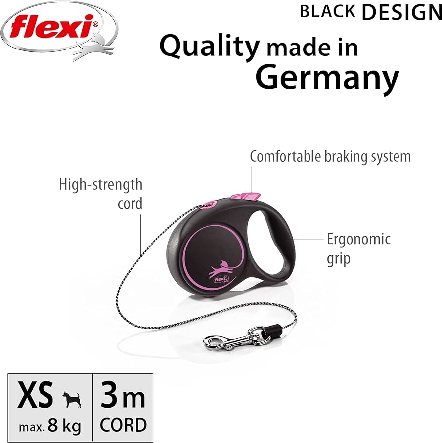Miscota Flexi Guinzaglio di design nero e cavo rosa In Vendita