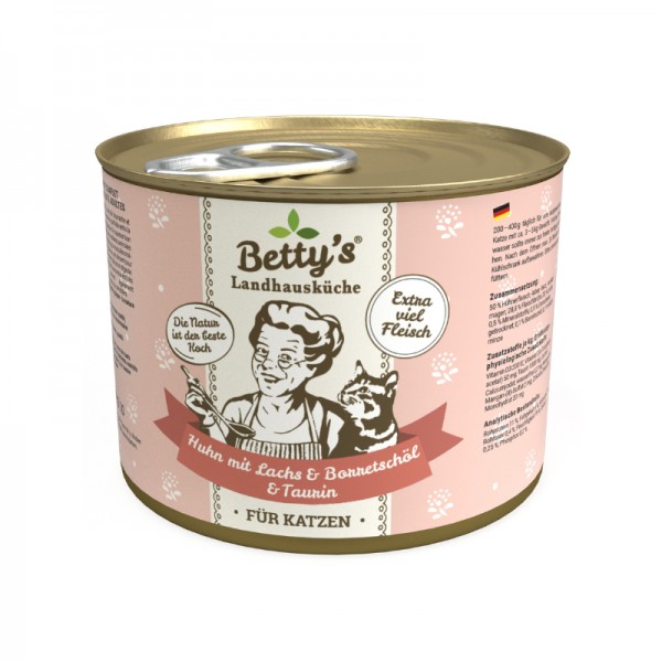Betty's Landhausküche Pollo e Salmone con Olio di Borragine Umido per Gatti Soddisfazione Garantita