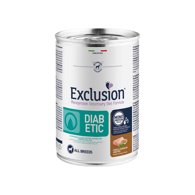 Exclusion Vet Diet Diabetic All Breeds Adult Umido Maiale e Piselli per Cani Presa