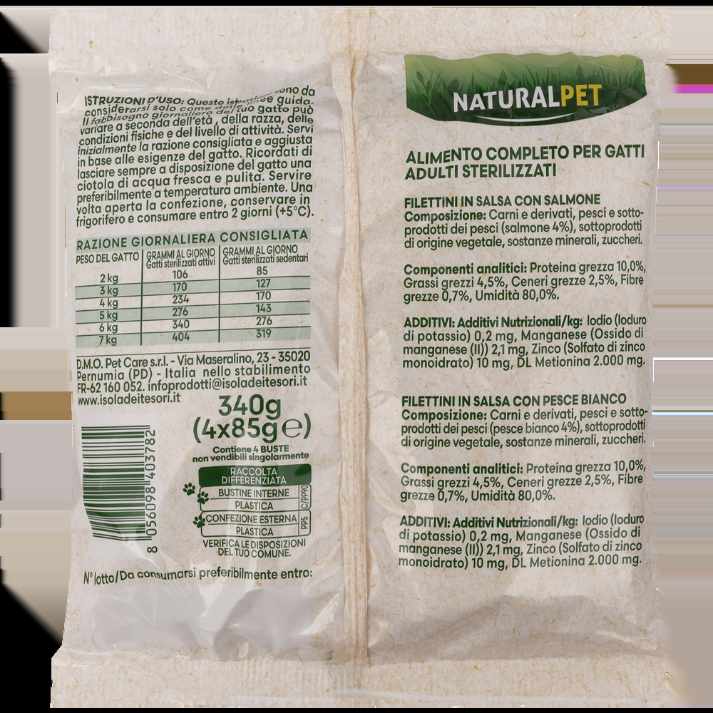 Naturalpet Cat Steril Filettini in salsa con Salmone e Pesce Bianco 4x85 g 000143188 Italia