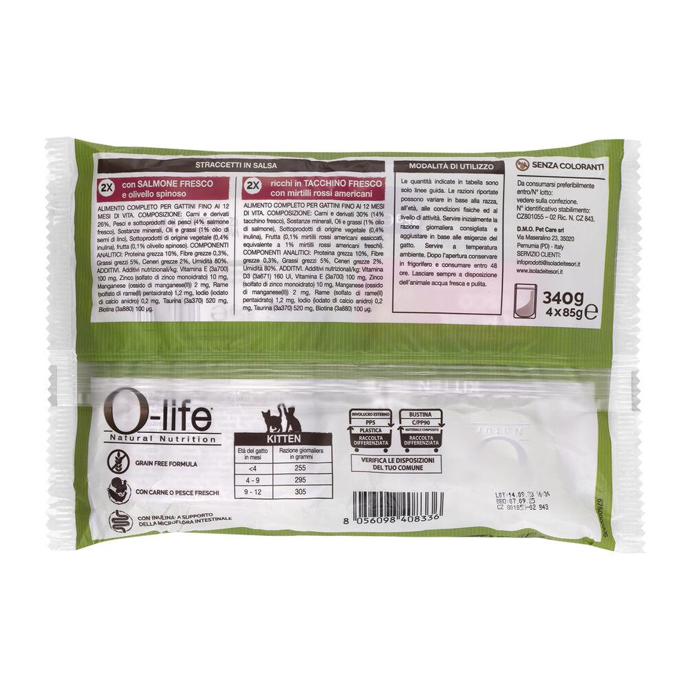 O-life Kitten Straccetti in salsa con Salmone e Tacchino 85grx4pz 000143632 Qualità