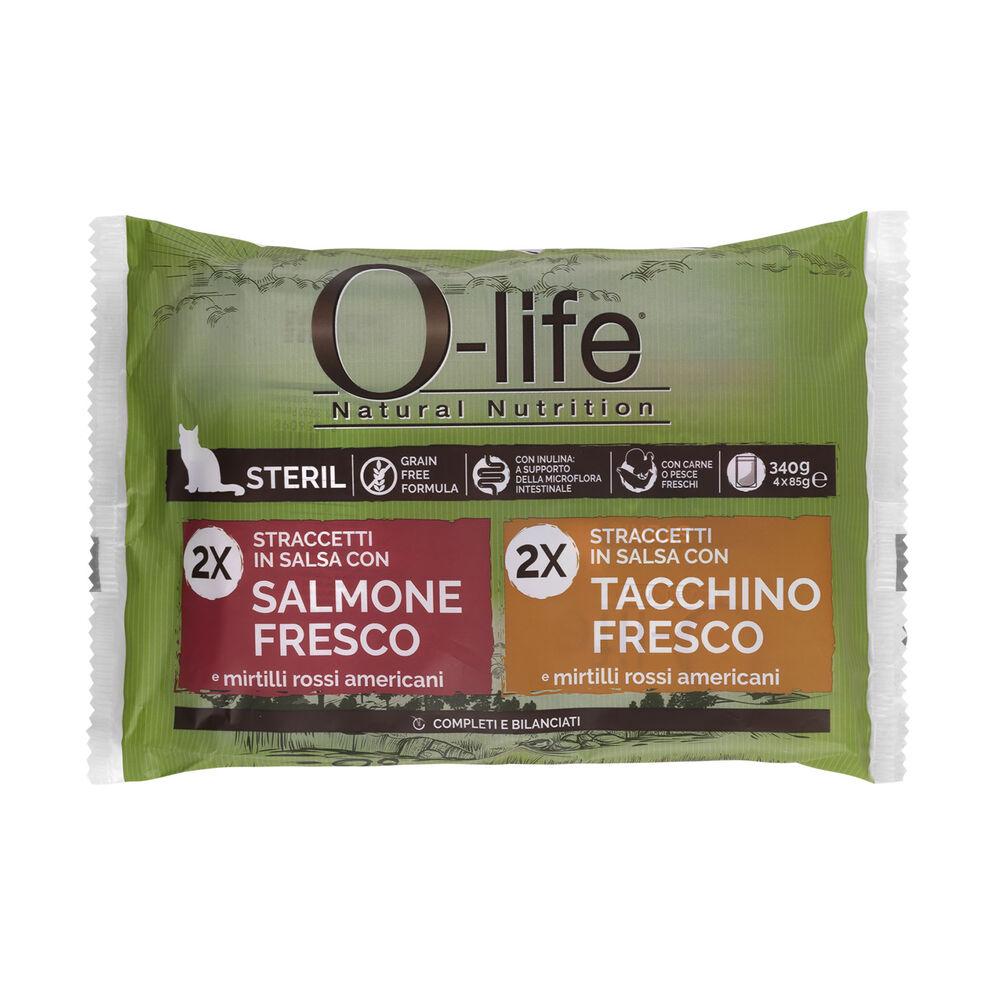 O-life Cat Adult Sterilised Straccetti in salsa con Salmone e Tacchino 85grx4pz 000143630 Vendita Calda