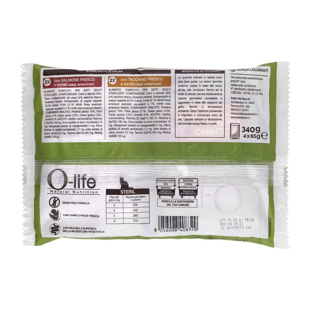 O-life Cat Adult Sterilised Straccetti in salsa con Salmone e Tacchino 85grx4pz 000143630 Vendita Calda
