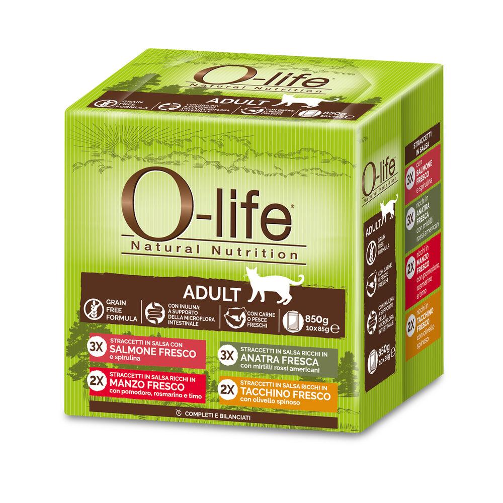 O-life Cat Adult Multibox Straccetti in salsa Salmone Manzo Anatra e Tacchino 85grx10 pz 000143634
