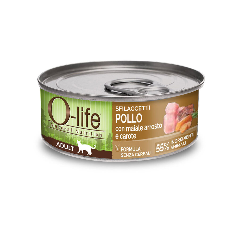 O-life Cat Adult Sfilaccetti di Pollo con Maiale Arrosto e Carote 70 gr 000143509