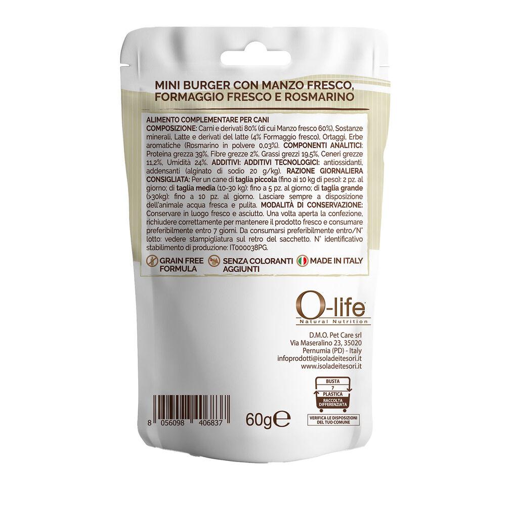 O-life Dog Snack Mini Burger con Manzo fresco Formaggio fresco e Rosmarino 60 gr 000138730 Sostegno trimestrale