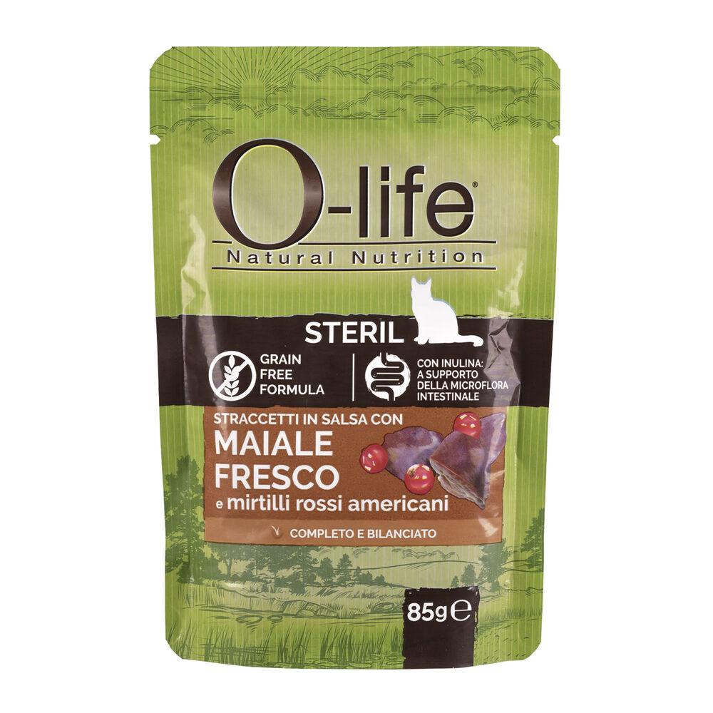 O-life Cat Adult Sterilised Straccetti in salsa con Maiale fresco e Mirtilli rossi americani 85 gr 000143622