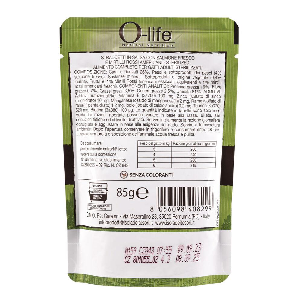 O-life Cat Adult Sterilised Straccetti in salsa con Salmone fresco e Mirtilli rossi americani 85 gr 000143621 In vendita