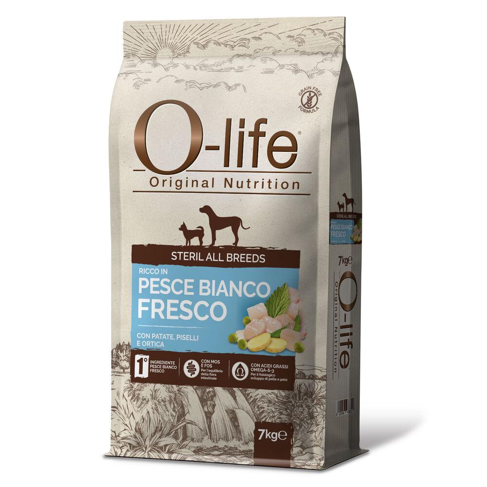 O-life Dog All breeds Sterilised ricco in Pesce Bianco con patate piselli e ortica 7 kg 000125875 In vendita