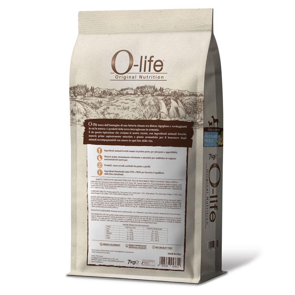 O-life Dog All breeds Sterilised ricco in Pesce Bianco con patate piselli e ortica 7 kg 000125875 In vendita